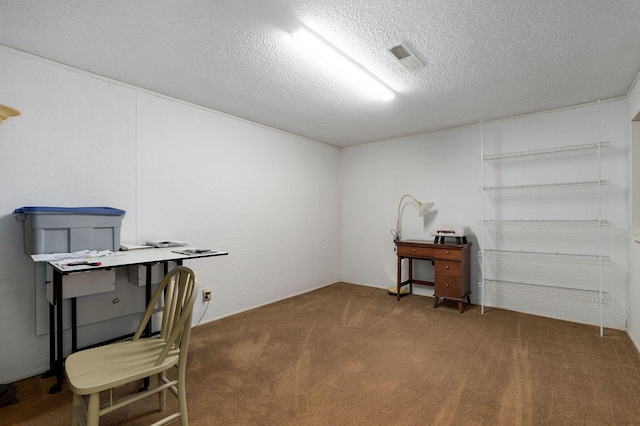 carpeted office space with a textured ceiling