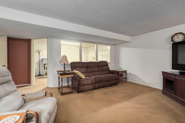 living room with light colored carpet and a textured ceiling