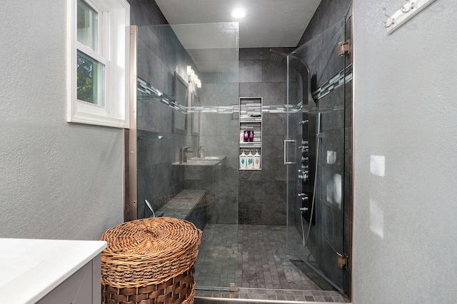 bathroom featuring vanity and a shower with door