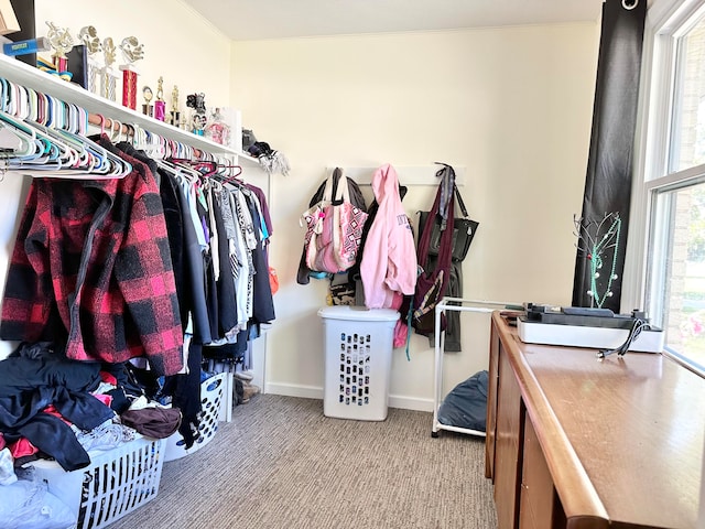 spacious closet featuring light colored carpet