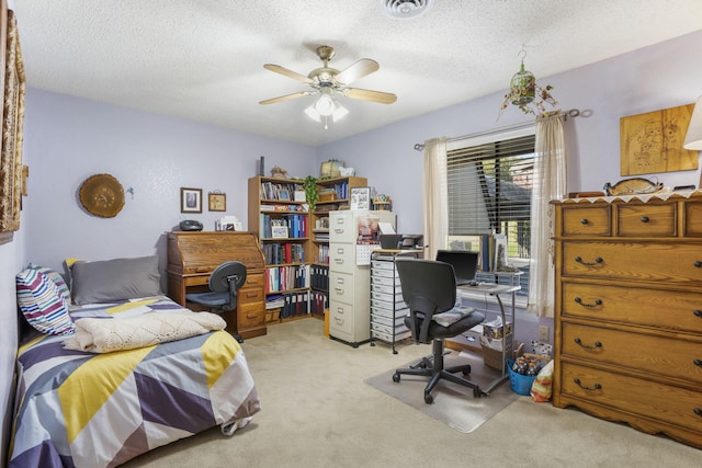 bedroom with light carpet, a textured ceiling, visible vents, a ceiling fan, and access to outside