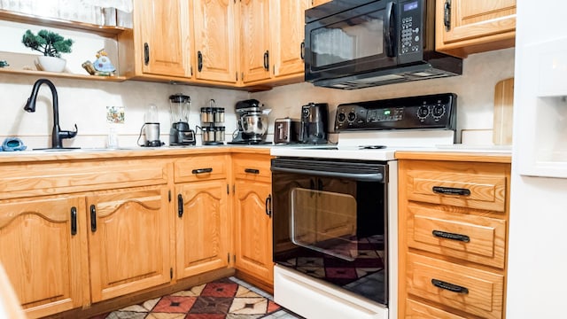 kitchen featuring a sink, light tile patterned floors, open shelves, black microwave, and electric stove