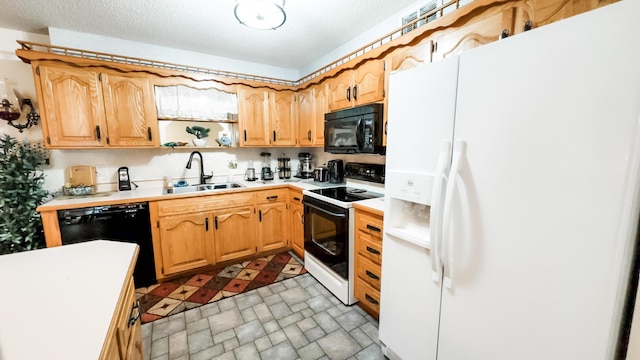 kitchen featuring open shelves, light countertops, a sink, and black appliances