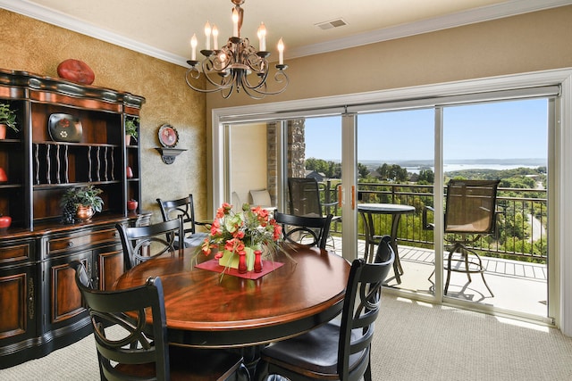 carpeted dining room with ornamental molding and a wealth of natural light