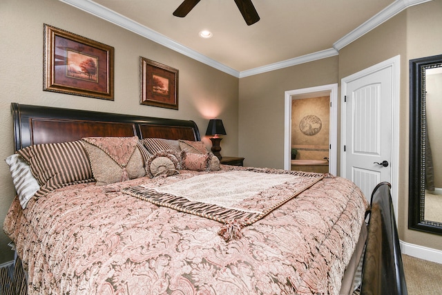 bedroom with crown molding, ceiling fan, carpet floors, and connected bathroom