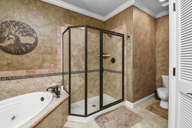 bathroom with ornamental molding, tile patterned flooring, toilet, and plus walk in shower