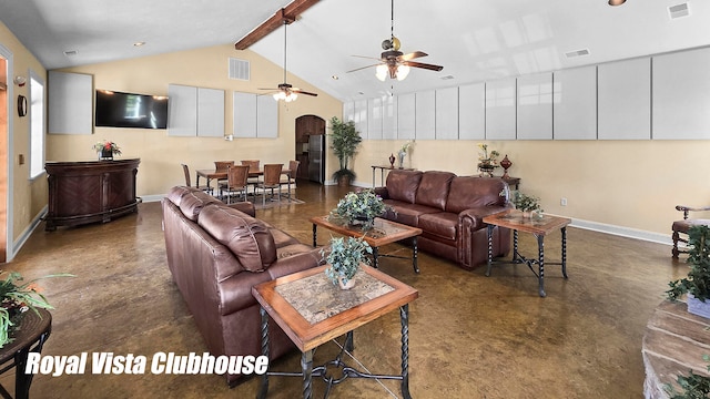 living room featuring ceiling fan and vaulted ceiling with beams