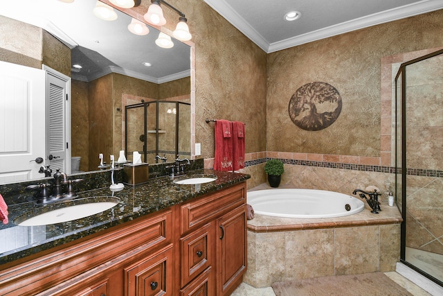 bathroom featuring vanity, shower with separate bathtub, and ornamental molding