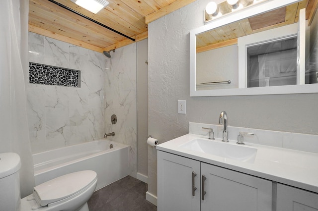 full bathroom featuring vanity, shower / bath combo with shower curtain, toilet, and wood ceiling