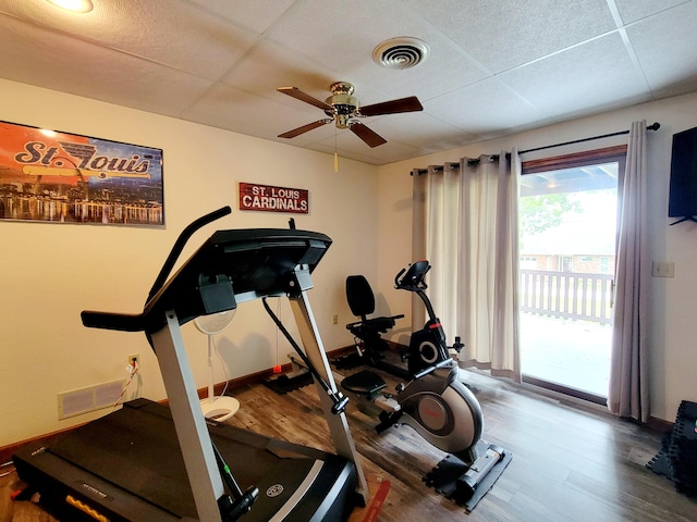 exercise room with ceiling fan and dark hardwood / wood-style flooring