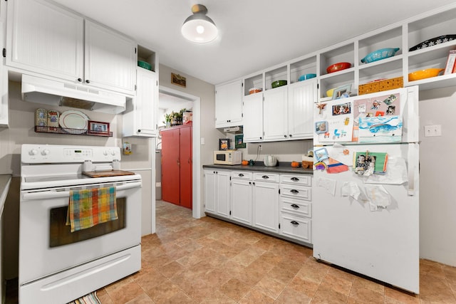kitchen featuring under cabinet range hood, open shelves, white appliances, stone finish flooring, and white cabinetry