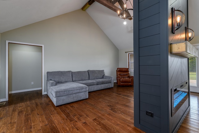 living room featuring beamed ceiling, high vaulted ceiling, and dark hardwood / wood-style flooring