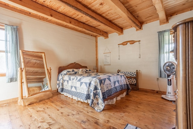 bedroom featuring beam ceiling, wooden ceiling, and wood-type flooring