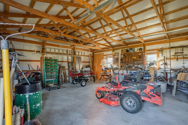 garage with a workshop area