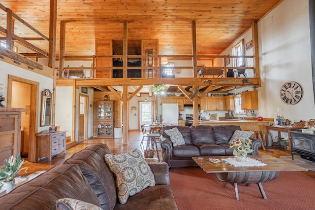 living room with a wood stove, plenty of natural light, wood-type flooring, and wood ceiling