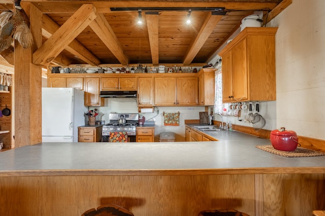 kitchen featuring white refrigerator, wood ceiling, sink, and gas stove