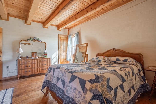 bedroom featuring wooden ceiling, beamed ceiling, hardwood / wood-style floors, and brick wall