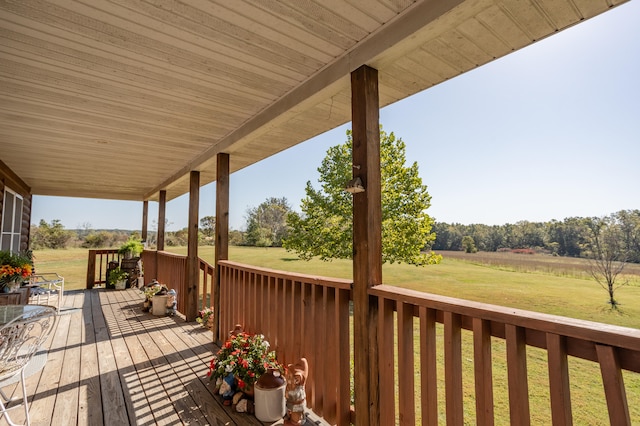 deck featuring a rural view and a lawn