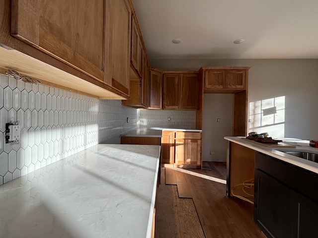 kitchen featuring tasteful backsplash, dark hardwood / wood-style floors, and sink