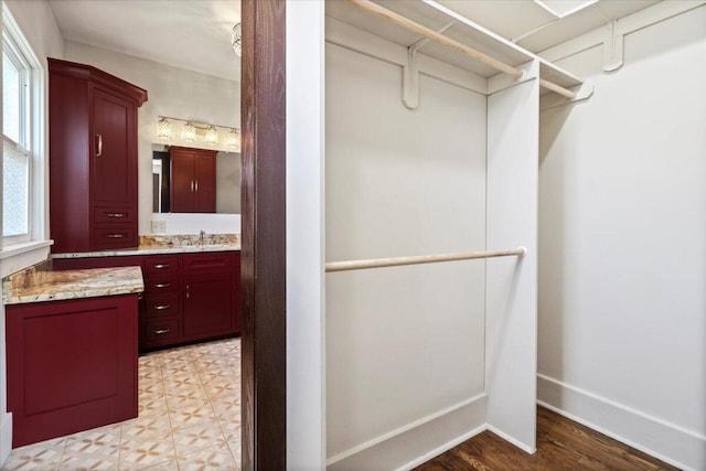 bathroom featuring plenty of natural light, vanity, and wood-type flooring