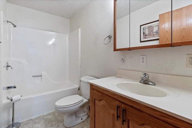 full bathroom featuring shower / tub combination, vanity, toilet, and a textured ceiling