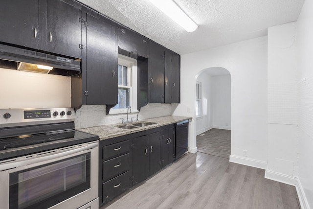 kitchen featuring sink, exhaust hood, dishwasher, stainless steel electric stove, and light hardwood / wood-style floors