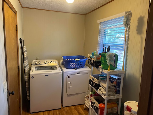 washroom featuring crown molding, hardwood / wood-style floors, a textured ceiling, and washer and clothes dryer