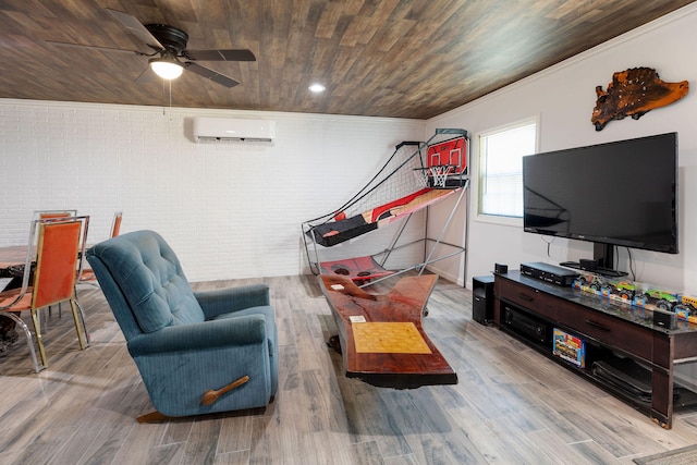 living room with a wall mounted air conditioner, brick wall, ceiling fan, light hardwood / wood-style flooring, and wooden ceiling