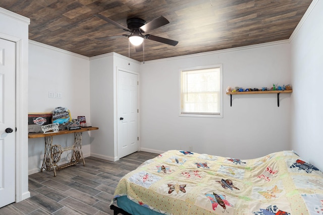 bedroom featuring ceiling fan, crown molding, wooden ceiling, and dark wood-type flooring