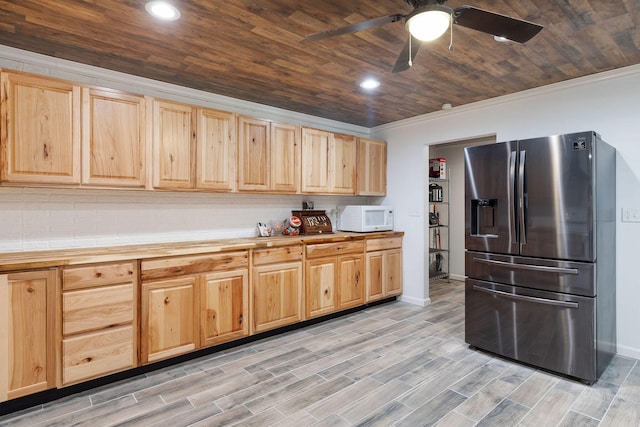 kitchen with ceiling fan, stainless steel fridge with ice dispenser, light hardwood / wood-style floors, wood ceiling, and ornamental molding