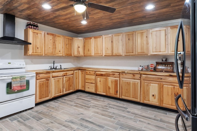 kitchen with electric stove, black fridge, light hardwood / wood-style flooring, and wall chimney exhaust hood