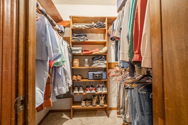 spacious closet featuring light carpet