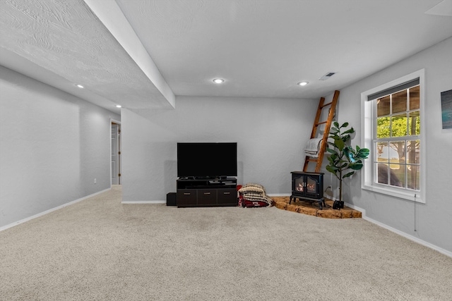 living room with carpet flooring and a wood stove