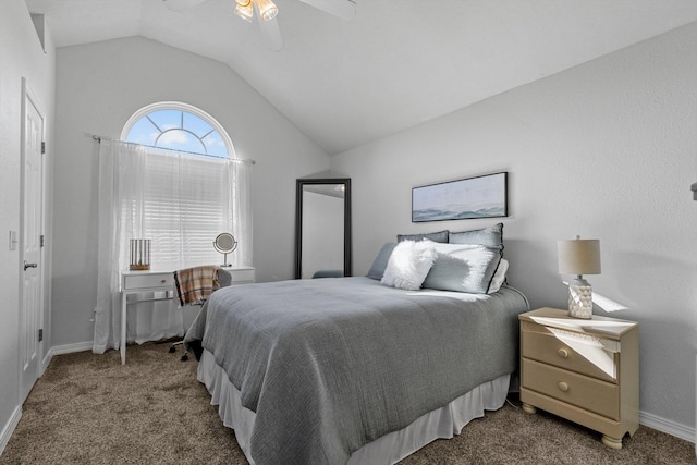 carpeted bedroom featuring vaulted ceiling and ceiling fan