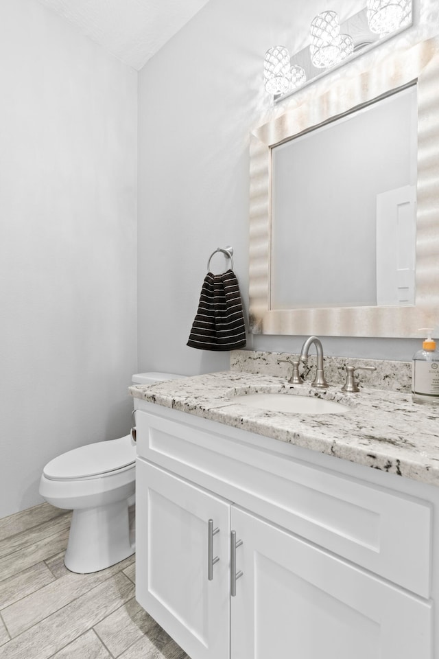 bathroom featuring toilet, vanity, and wood-type flooring