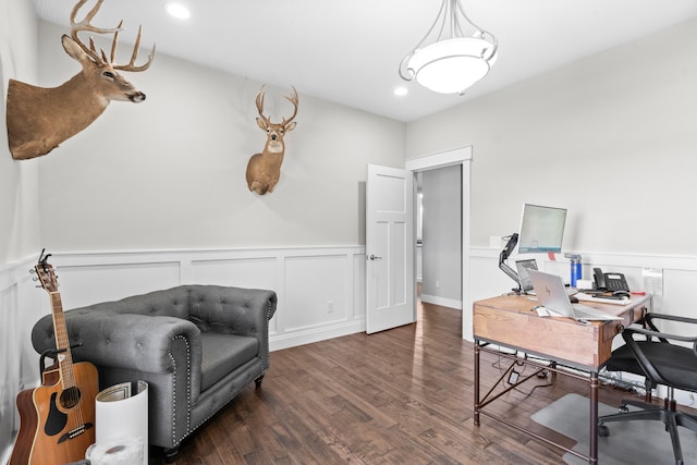 home office with dark wood-type flooring