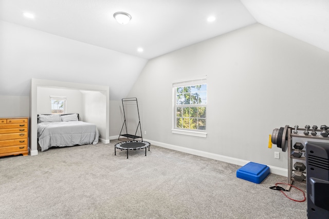 carpeted bedroom featuring vaulted ceiling