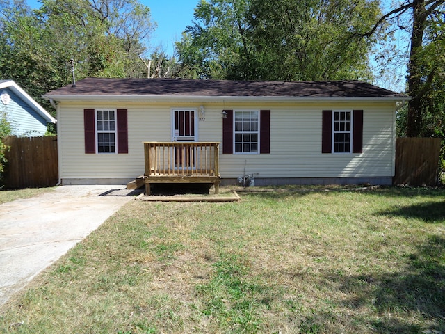 single story home featuring a deck and a front lawn