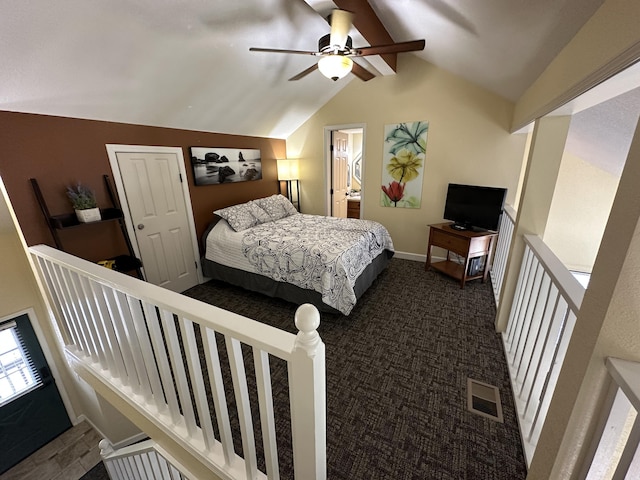 420 Fall Creek Dr Unit 6, Branson, MO 65616 - bedroom featuring lofted ceiling, dark carpet, visible vents, a ceiling fan, and baseboards