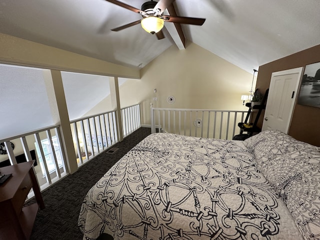 420 Fall Creek Dr Unit 6, Branson, MO 65616 - bedroom featuring carpet, visible vents, vaulted ceiling with beams, and a ceiling fan