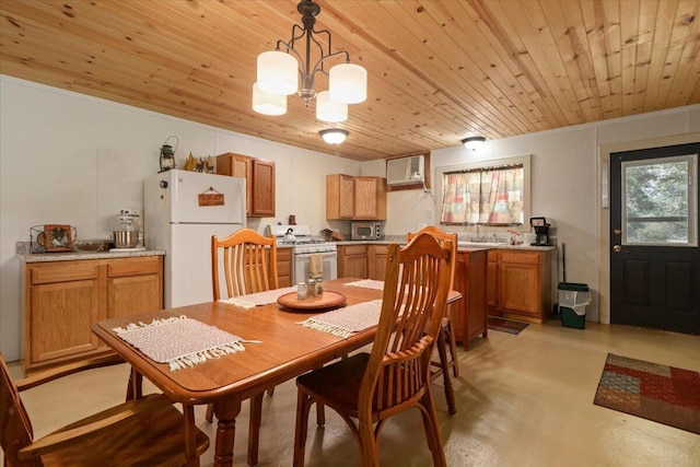 dining area with wood ceiling, a notable chandelier, and finished concrete flooring