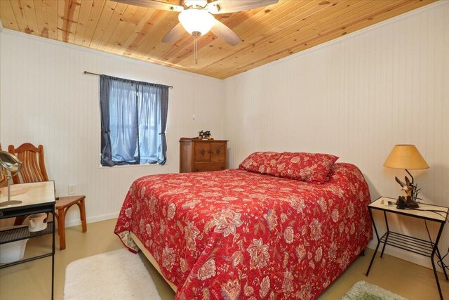 bedroom featuring wood ceiling, ceiling fan, baseboards, and ornamental molding