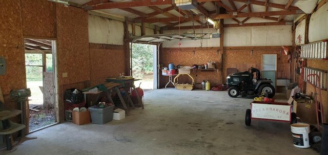 garage with a workshop area