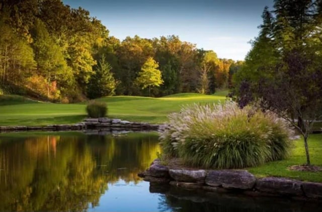 view of property's community featuring a water view and a lawn