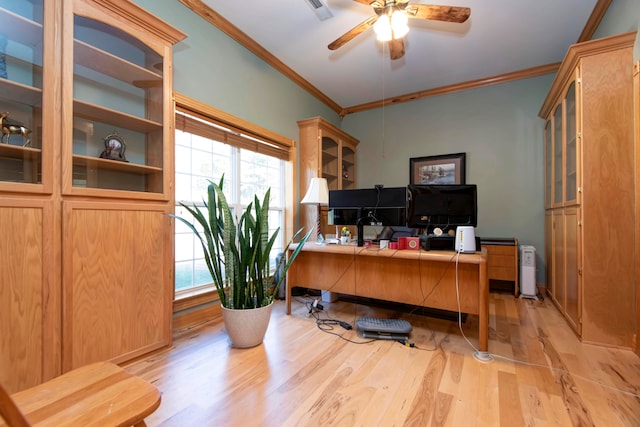 office space featuring ceiling fan, light hardwood / wood-style flooring, and ornamental molding