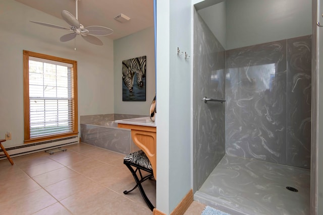 bathroom with a baseboard radiator, a tile shower, tile patterned floors, and ceiling fan