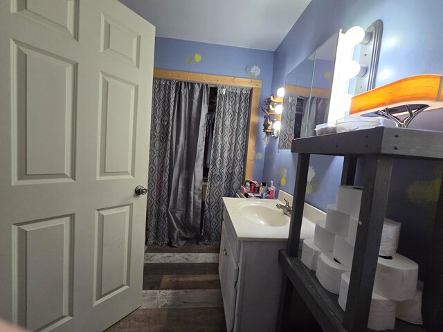 bathroom with wood-type flooring and vanity