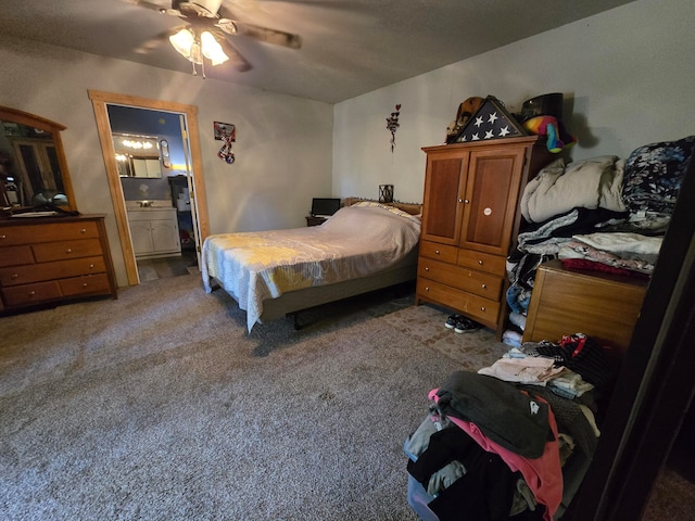 carpeted bedroom featuring ceiling fan and connected bathroom