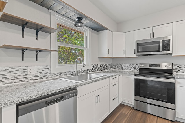 kitchen with white cabinetry, appliances with stainless steel finishes, sink, and dark hardwood / wood-style floors