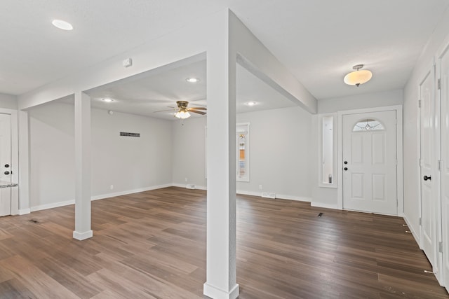 foyer entrance featuring hardwood / wood-style flooring and ceiling fan